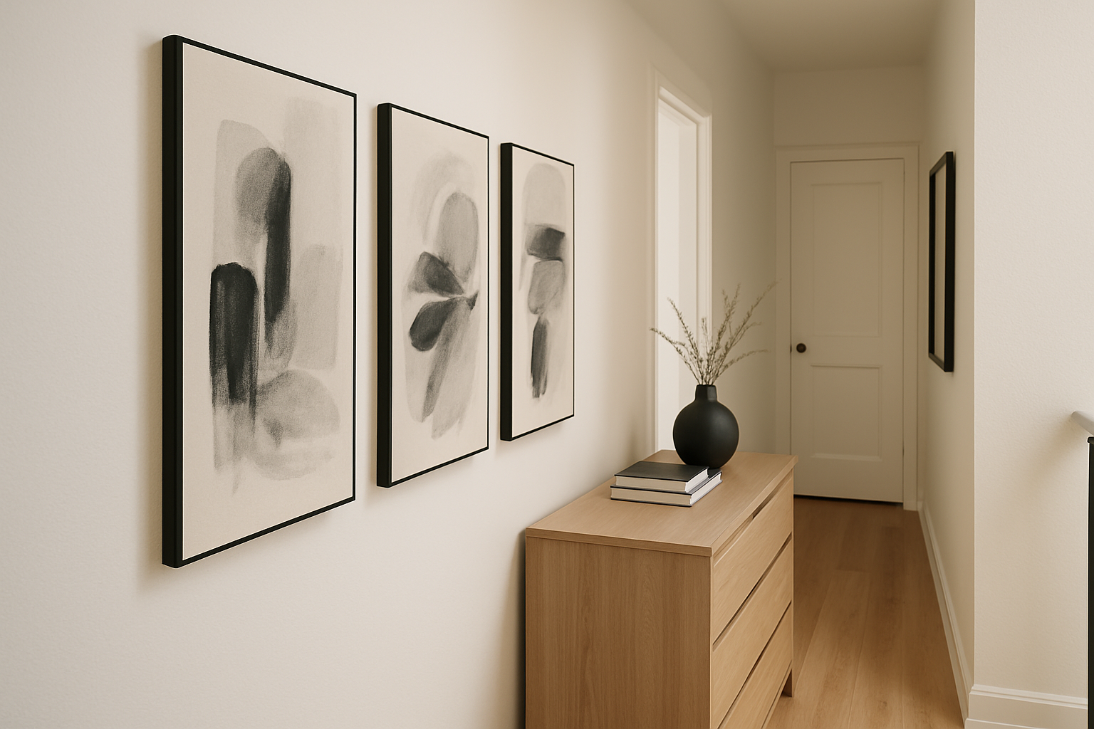 Botanical abstract canvas with soft flowers in a warm, welcoming entryway with sofa and lamp
