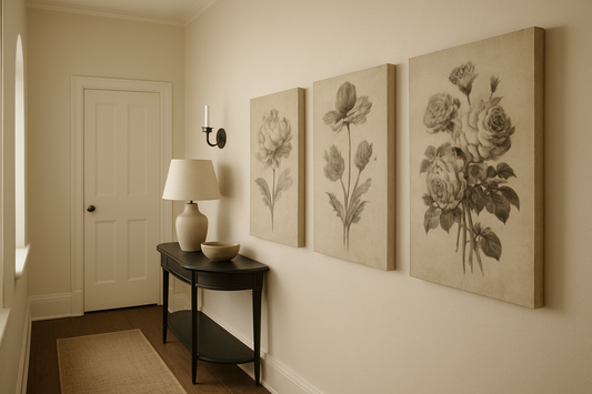 Botanical abstract canvas with soft flowers in a warm, welcoming entryway with sofa and lamp