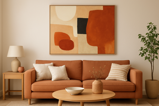 Botanical abstract canvas with soft flowers in a warm, welcoming entryway with sofa and lamp