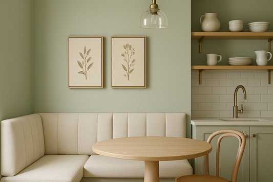 Botanical abstract canvas with soft flowers in a warm, welcoming entryway with sofa and lamp