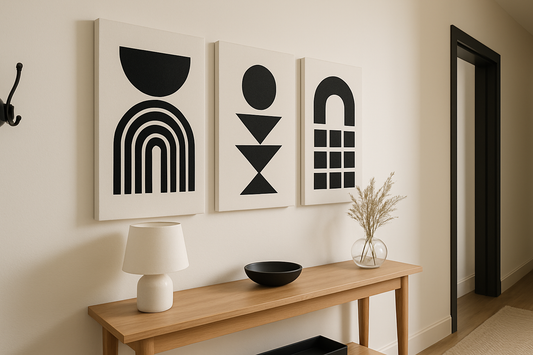 Botanical abstract canvas with soft flowers in a warm, welcoming entryway with sofa and lamp