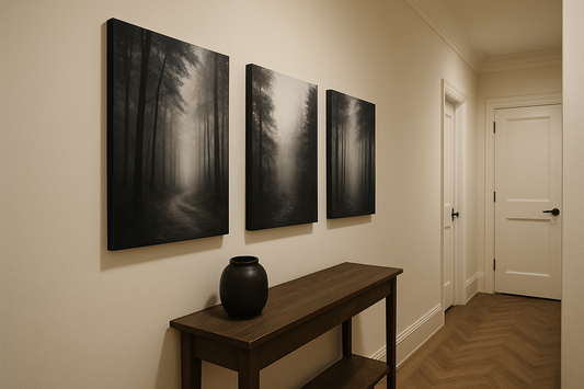 Botanical abstract canvas with soft flowers in a warm, welcoming entryway with sofa and lamp