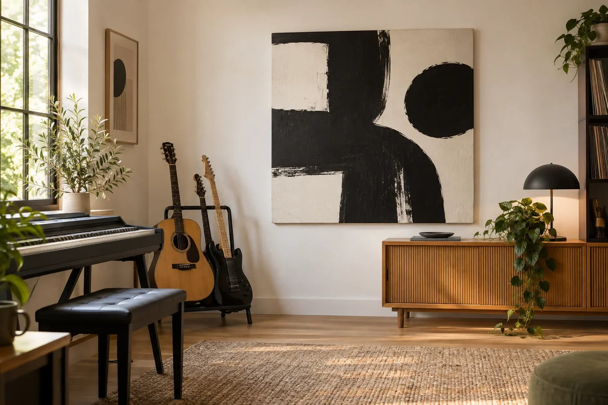 Illustrative music room with graphic black-and-white canvas art beside a guitar and keyboard.