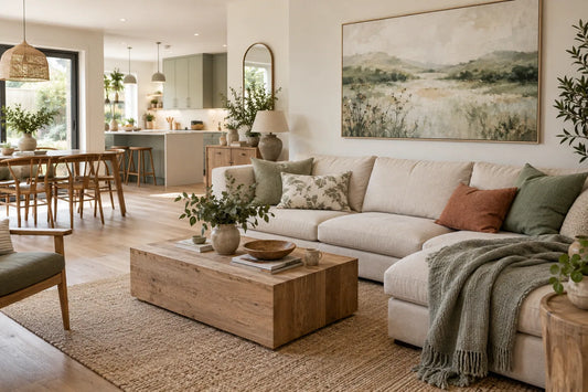 Muted landscape canvas above a pale sofa, with an oak dining table visible in the connected dining area.