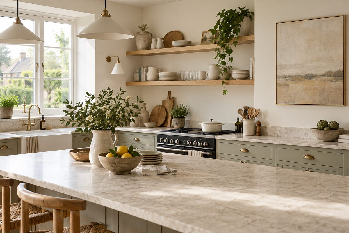 Illustrative kitchen with a warm neutral canvas beside open oak shelving and cream ceramics.