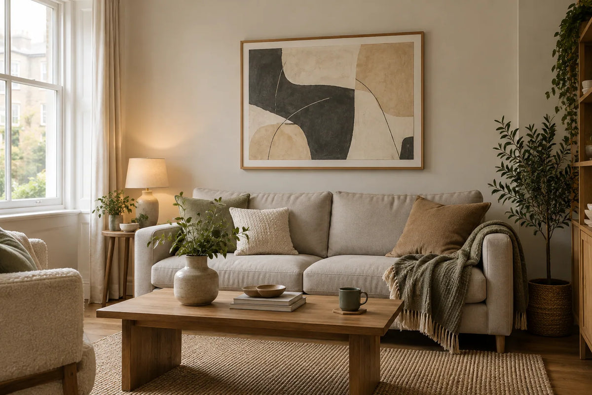Original illustration of neutral abstract art in a natural-oak frame above a living-room sofa.