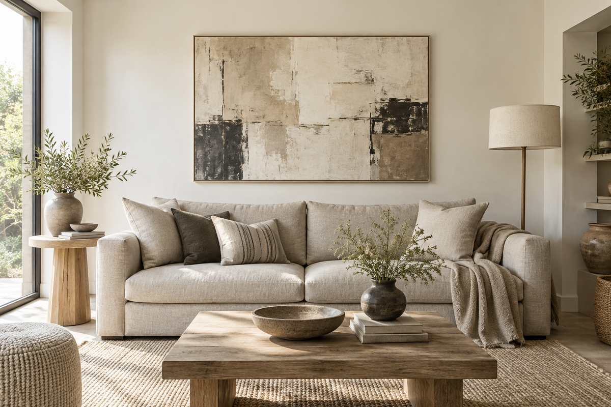 Neutral abstract canvas above an oatmeal sofa in a bright living room with pale oak furniture.