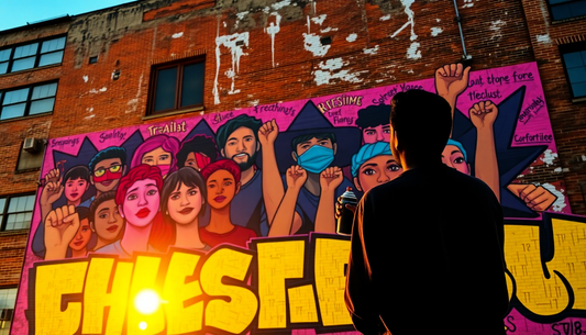 Silhouette of a person with a spray bottle facing a vibrant mural of diverse protesters raising fists and bold yellow text.