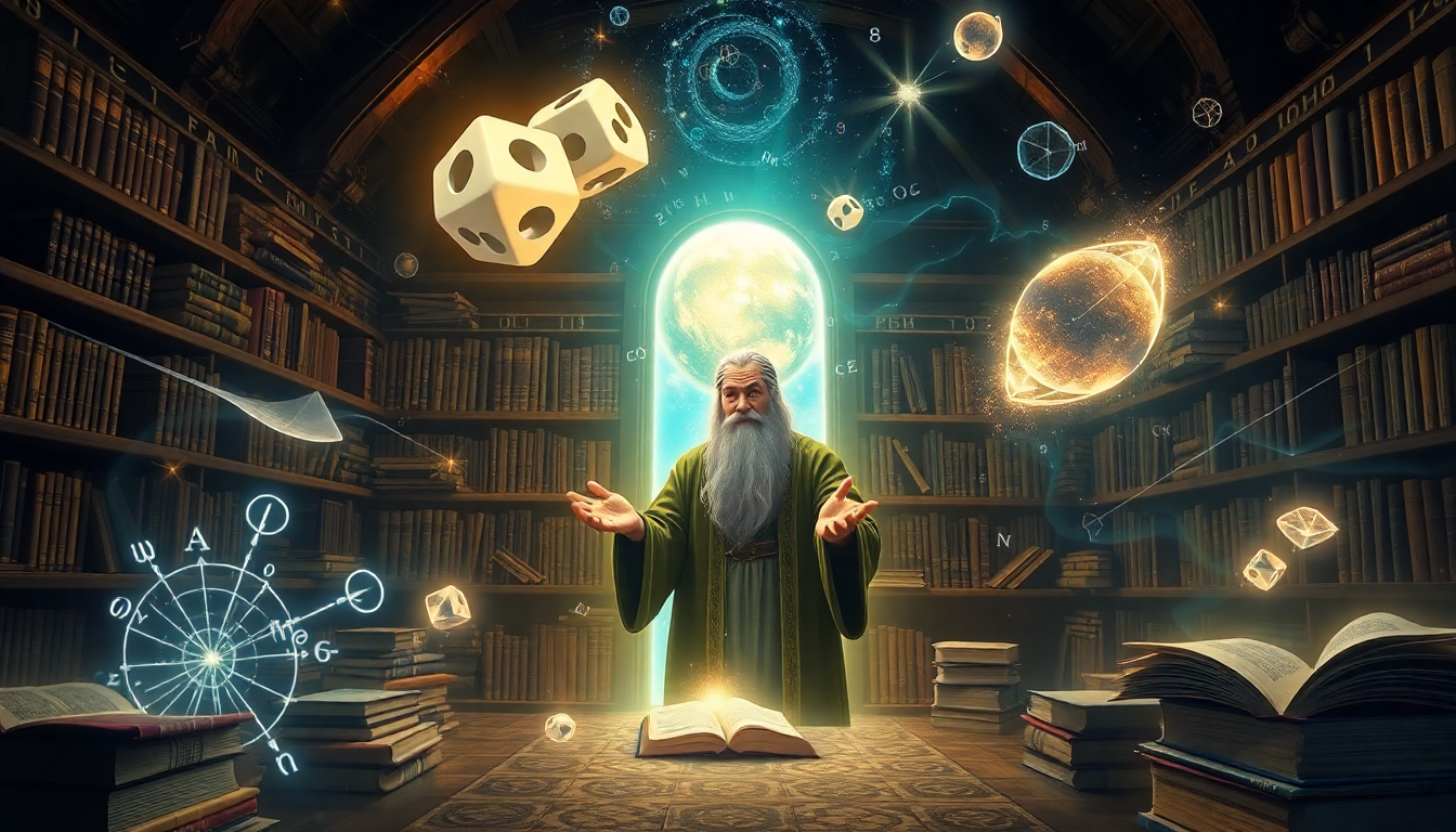 Bearded wizard in green robes stands at a table with an open book, glowing portal behind him and floating dice and celestial orbs around.