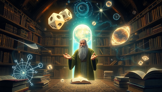 Bearded wizard in green robes stands at a table with an open book, glowing portal behind him and floating dice and celestial orbs around.