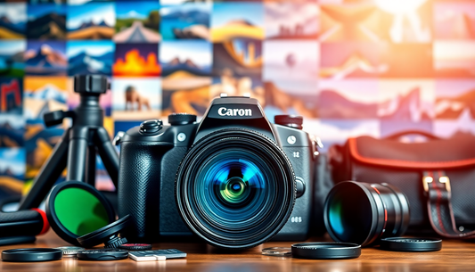 Canon DSLR camera with attached lens on a wooden table, surrounded by lenses, filters, tripod, and memory cards.