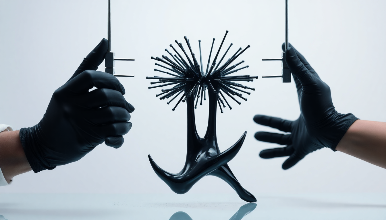Black ferrofluid sculpture with radial spiky tendrils, suspended between gloved hands over a reflective surface.