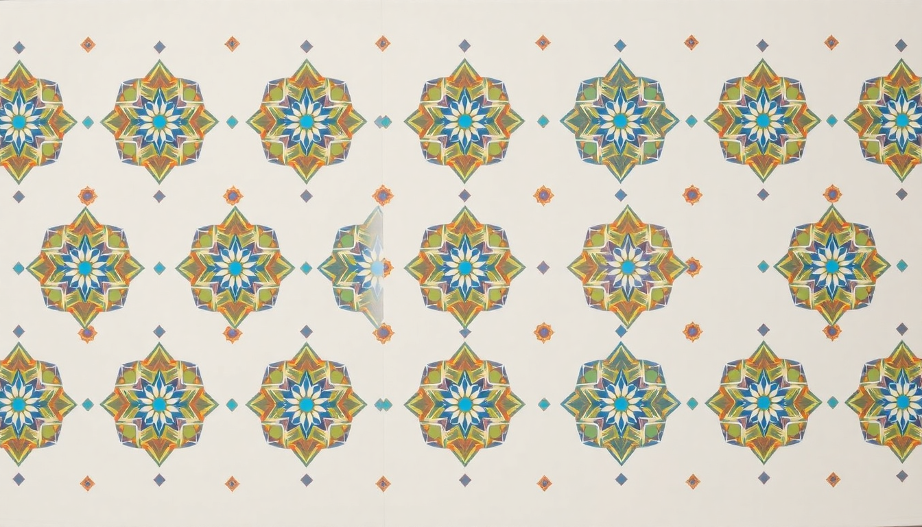 White background with a repeating pattern of colorful geometric mandala motifs in teal, blue, orange, and yellow.
