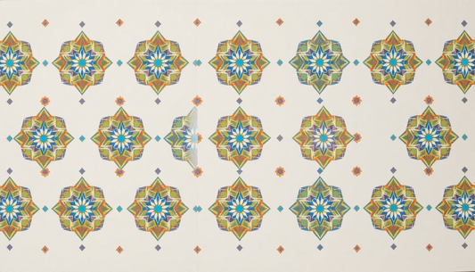 White background with a repeating pattern of colorful geometric mandala motifs in teal, blue, orange, and yellow.