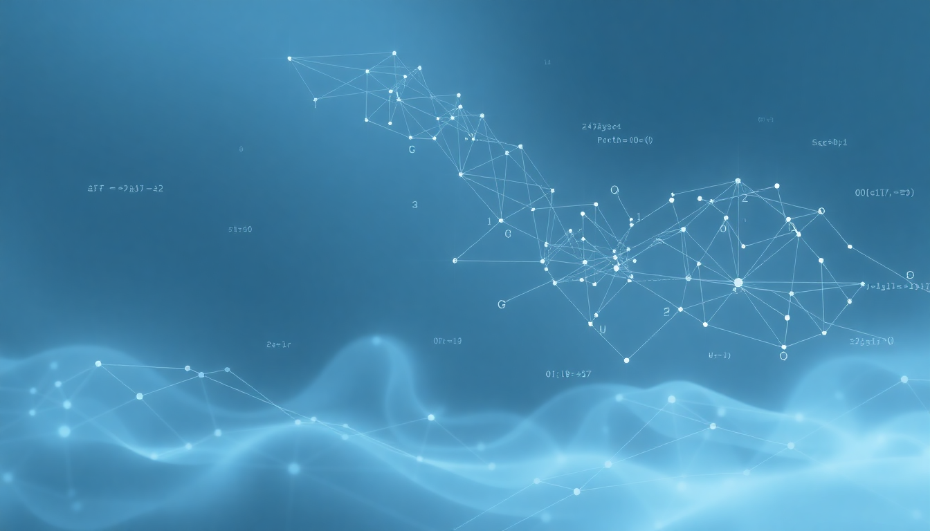 Blue abstract network of connected white dots and lines over a wavy blue background.