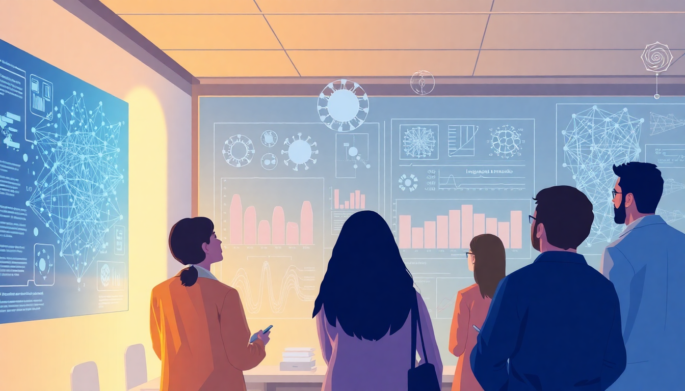 Six people stand in a room facing holographic screens displaying charts, graphs, and network diagrams.