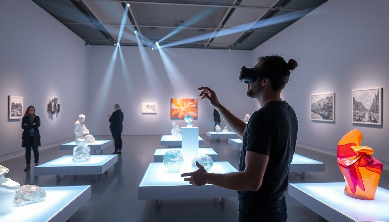 Man wearing a VR headset stands in a modern gallery, gesturing toward illuminated pedestals displaying glass spheres and white sculptures.
