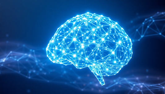 Blue glowing neural-network brain illustration made of interconnected lines and nodes.