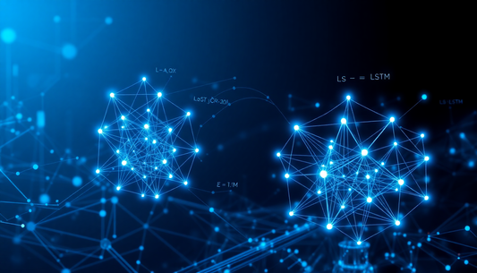 Blue abstract image of interconnected glowing nodes forming two geometric neural-network clusters with lines and connections.