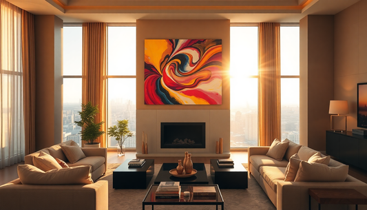 Living room with two beige sofas facing a central fireplace, a colorful abstract painting above, and floor-to-ceiling windows.