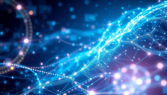 Abstract blue network of interconnected glowing lines and nodes against a dark background.