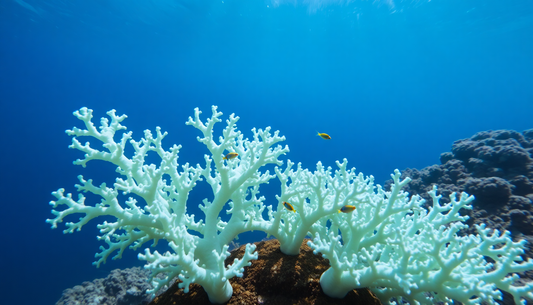 White Acropora yongei coral with branching arms on a rocky reef, small yellow fish swim nearby in clear blue water.