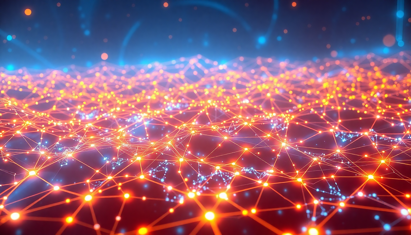 Orange and yellow glowing nodes connected by lines forming a mesh across a dark blue background.