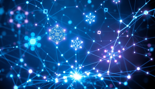 Blue and white abstract network of interconnected glowing nodes, lines, and hexagonal shapes against a dark background.