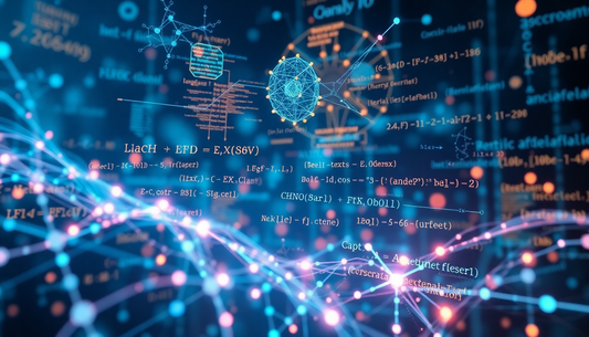 Blue abstract network with interconnected nodes, glowing lines, and floating code snippets.