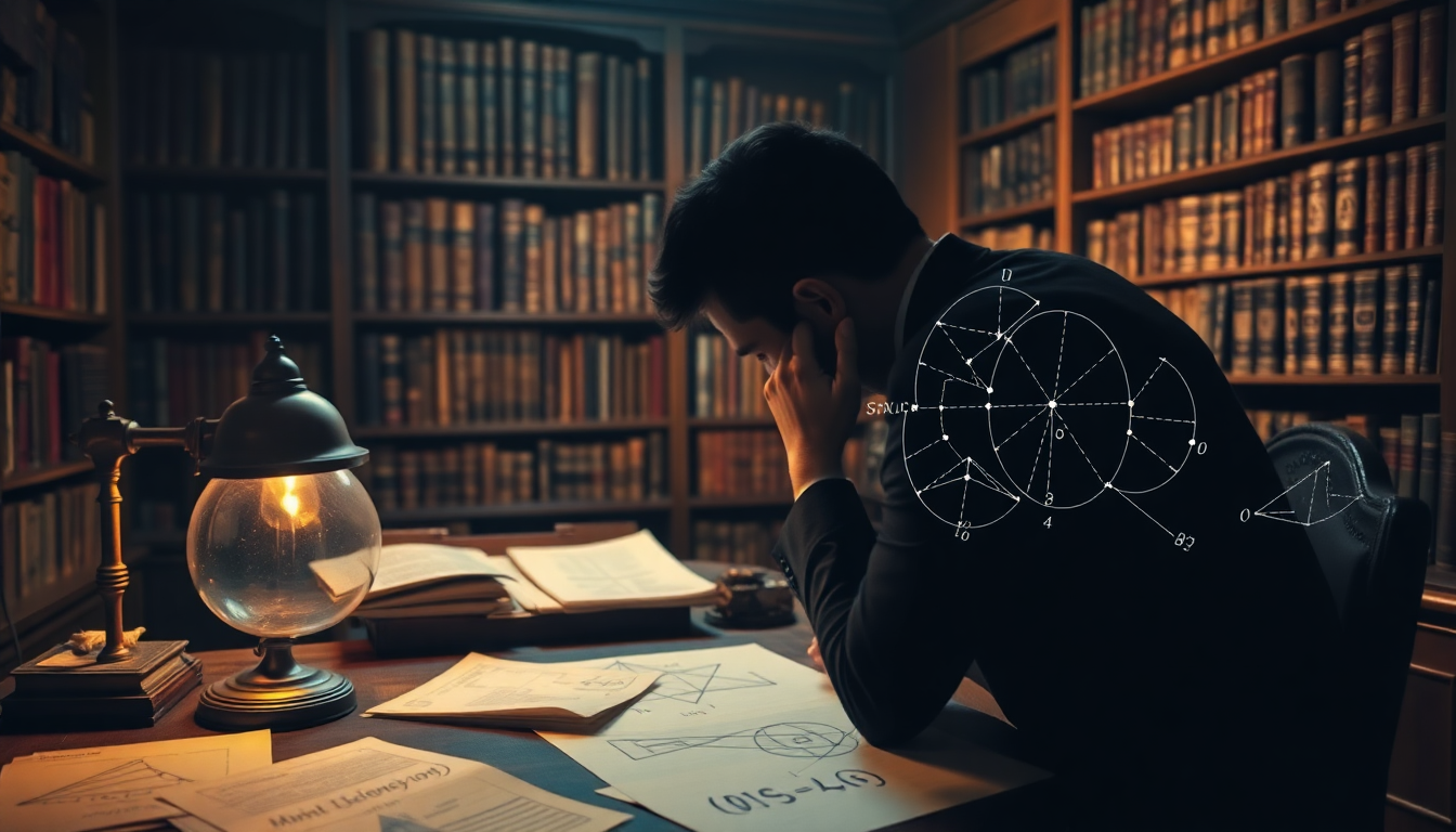 A man in a dark suit sits at a wooden desk in a library, with white geometric diagrams on his back and scattered papers.
