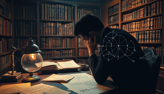 A man in a dark suit sits at a wooden desk in a library, with white geometric diagrams on his back and scattered papers.
