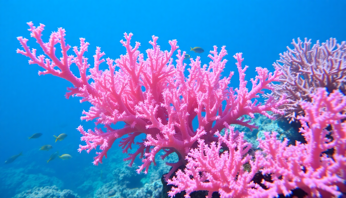 Underwater scene of bright pink coral with branching fronds, blue water background and small yellow-green fish nearby.