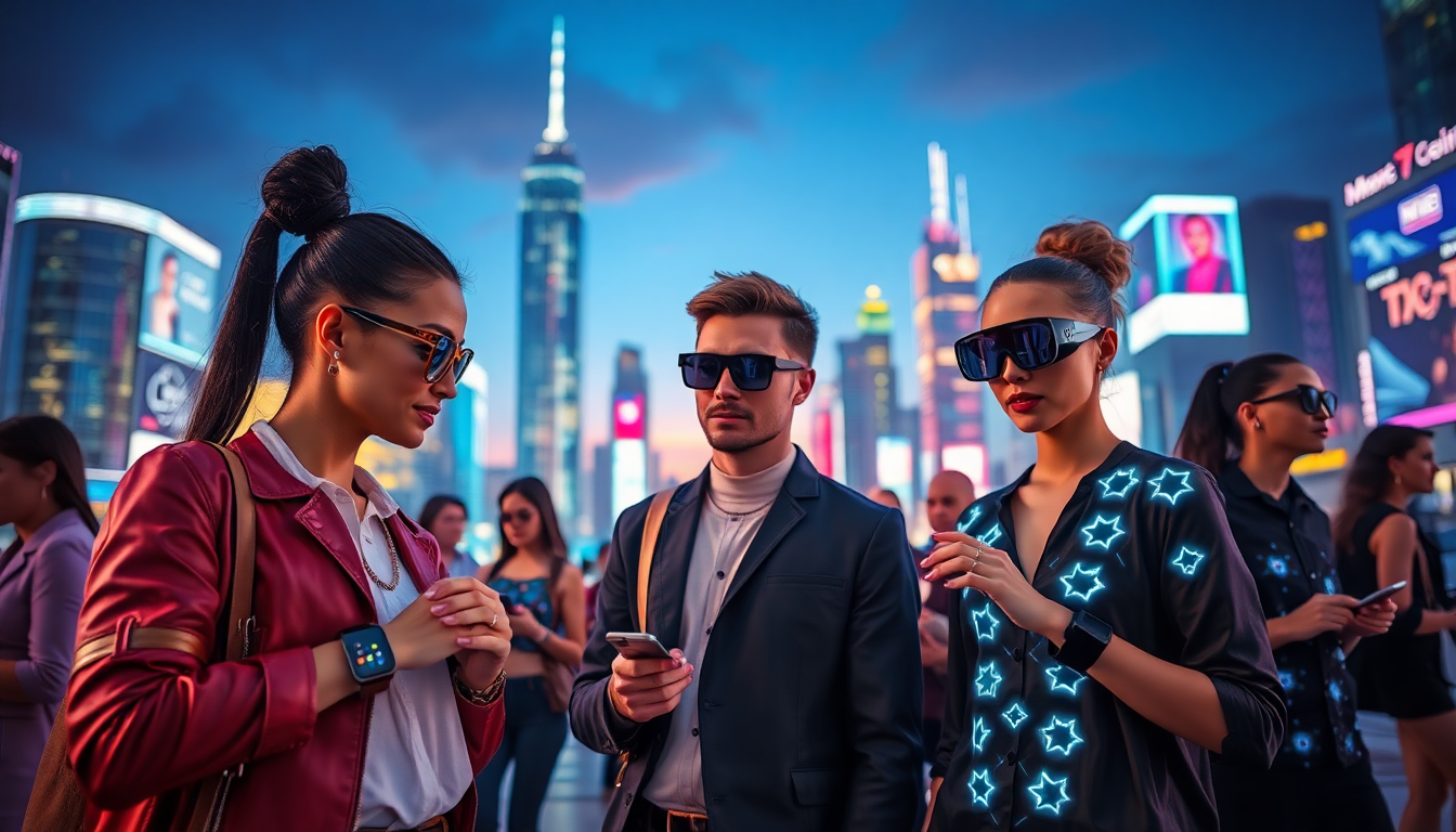 Three stylish adults in a neon cityscape wear smartwatches; the woman on the right sports a jacket with glowing star patterns.