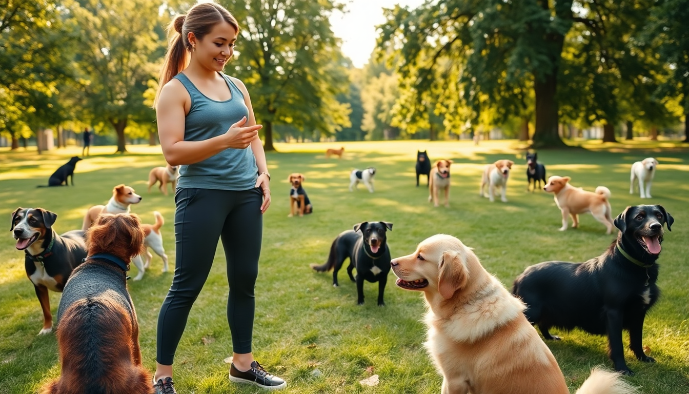 A woman in a blue tank top and navy leggings stands in a sunny park, surrounded by a group of dogs of various breeds and colors.