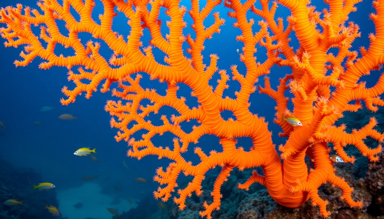 Bright orange gorgonian sea fan coral with feathery branches against a blue ocean, with small yellow fish swimming nearby.