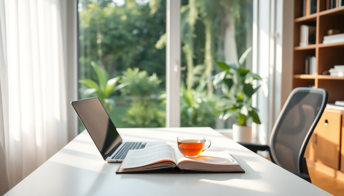 Open book with a laptop and a glass cup of tea on a white desk by a sunny window with green plants outside.