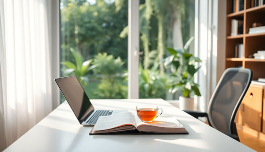 Open book with a laptop and a glass cup of tea on a white desk by a sunny window with green plants outside.