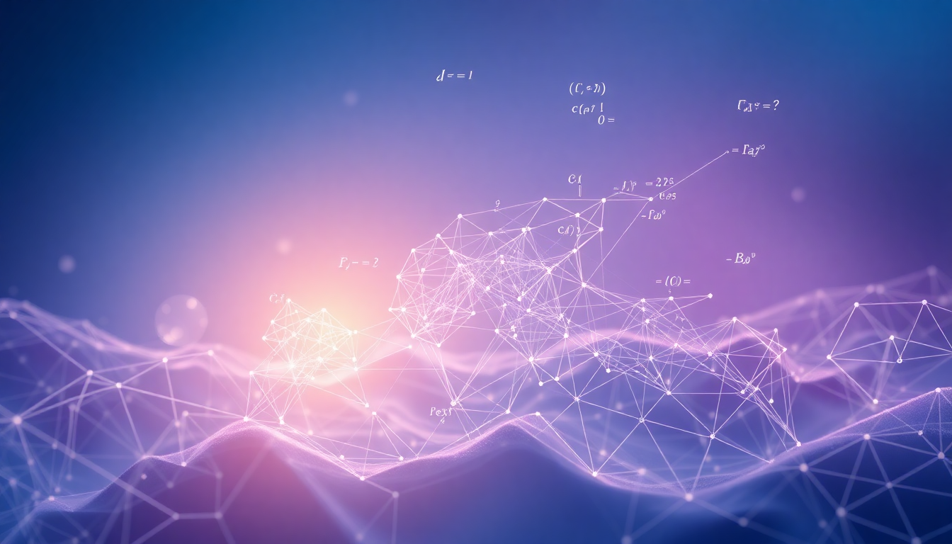 Abstract digital mesh of white nodes and connecting lines over a purple-pink gradient, resembling a neural network.