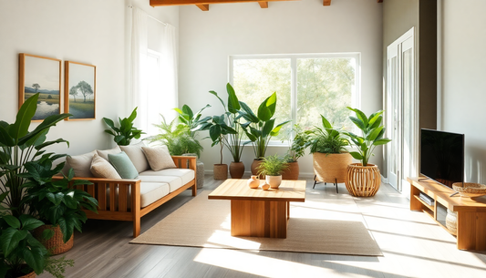 Bright living room with white walls, a wooden sofa and coffee table, and numerous potted green plants by a large window.