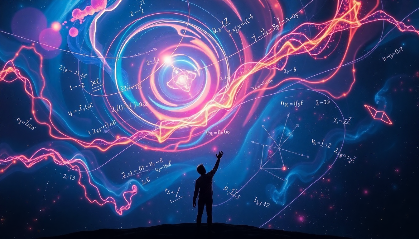 Silhouetted person reaching toward a glowing spiral vortex of neon lines and mathematical equations in space.