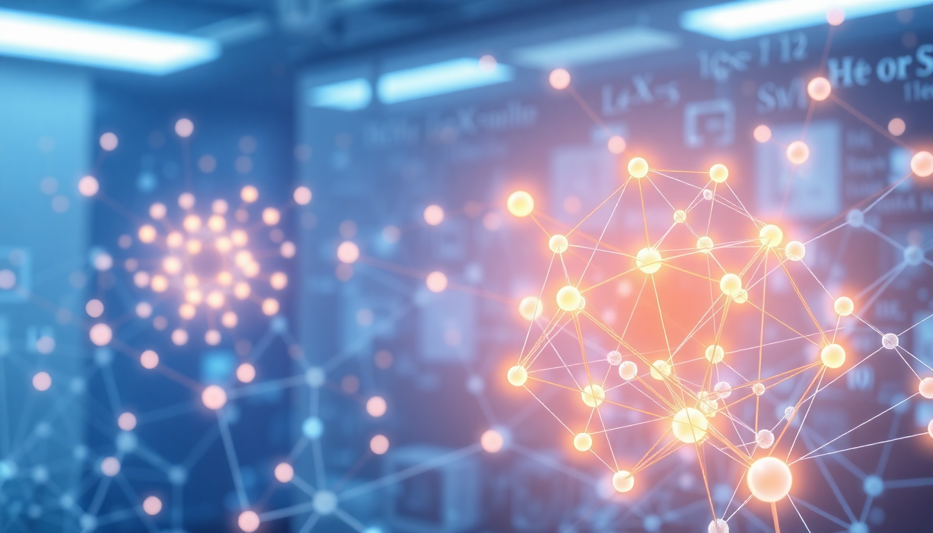 Abstract digital network with interconnected glowing nodes; a large orange cluster on the right against a blue-tech background.