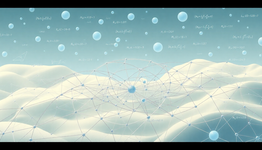 Abstract desert landscape with a geometric network of interconnected blue nodes and lines over pale dunes, and floating spheres in the sky.