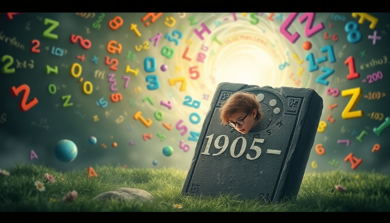 Gray tombstone prop with '1905' in white, child’s head peeking from a circular cutout, on grass with floating colorful numbers.