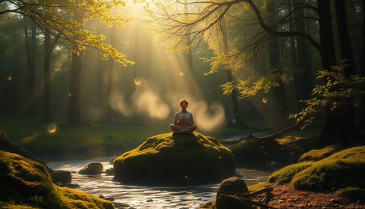 Person meditating cross-legged on a mossy rock in a sunlit forest with glowing orbs.
