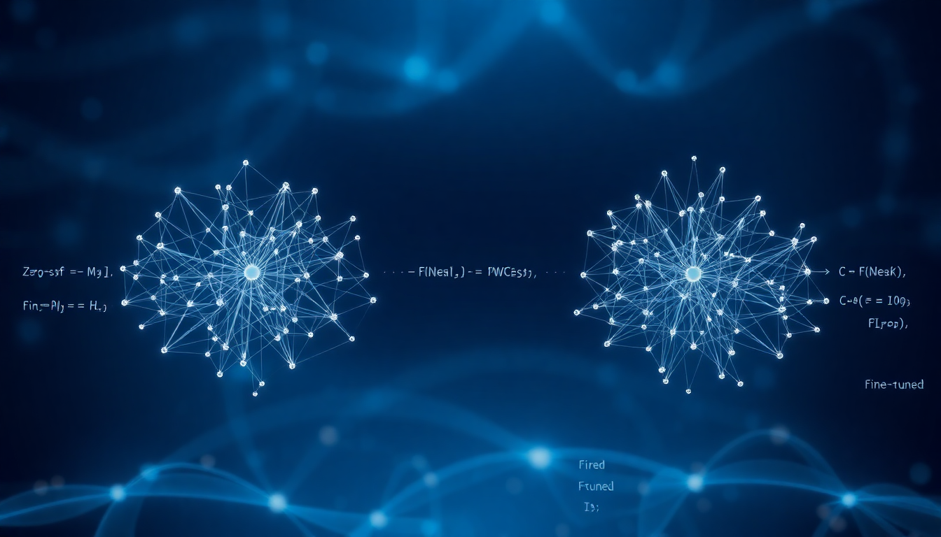 Two blue neural network diagrams with interconnected white nodes on a dark, blurred background.