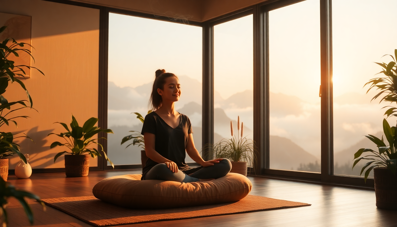 Woman sits cross-legged on a round orange cushion in a sunlit room with large windows and potted plants.