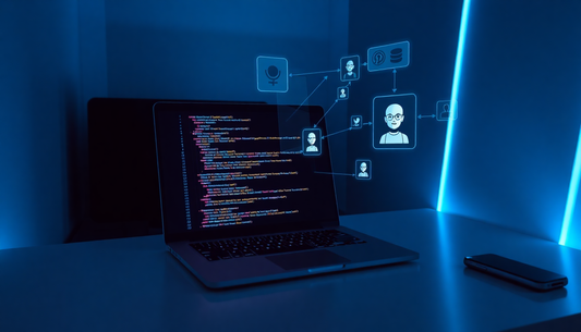 Open laptop shows colorful code on screen, with blue holographic icons floating above and a smartphone on the desk.