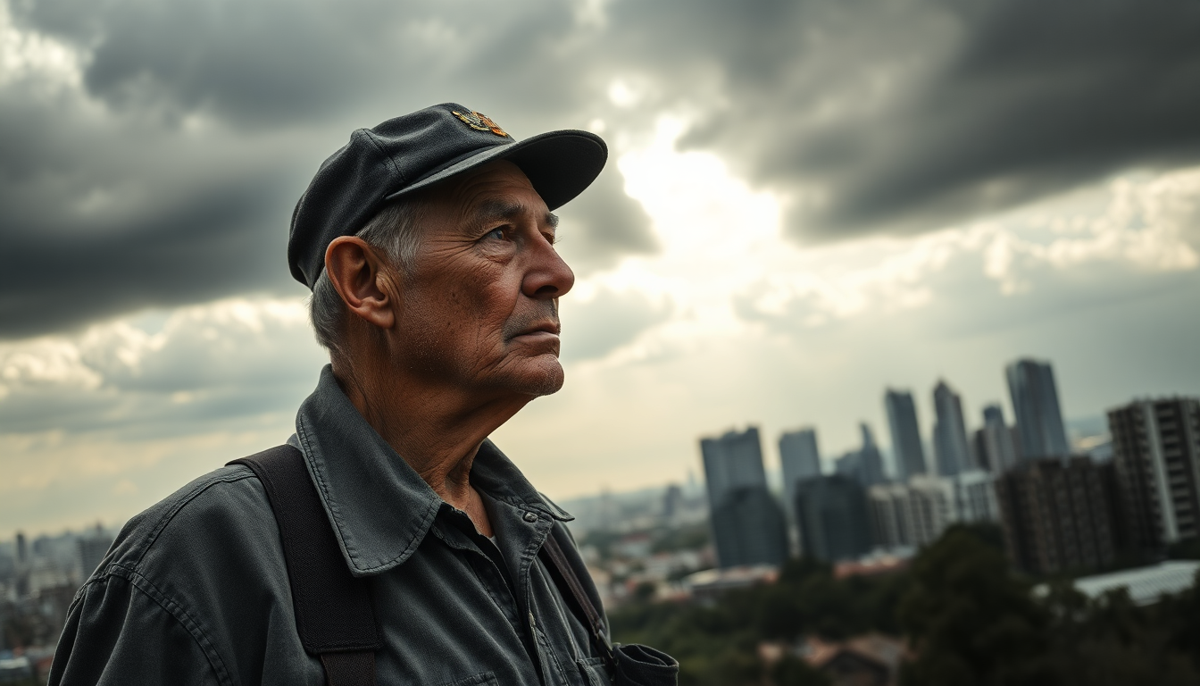 Older man in a dark gray cap and jacket gazes toward a cloudy city skyline; urban high-rise buildings blurred in the background.