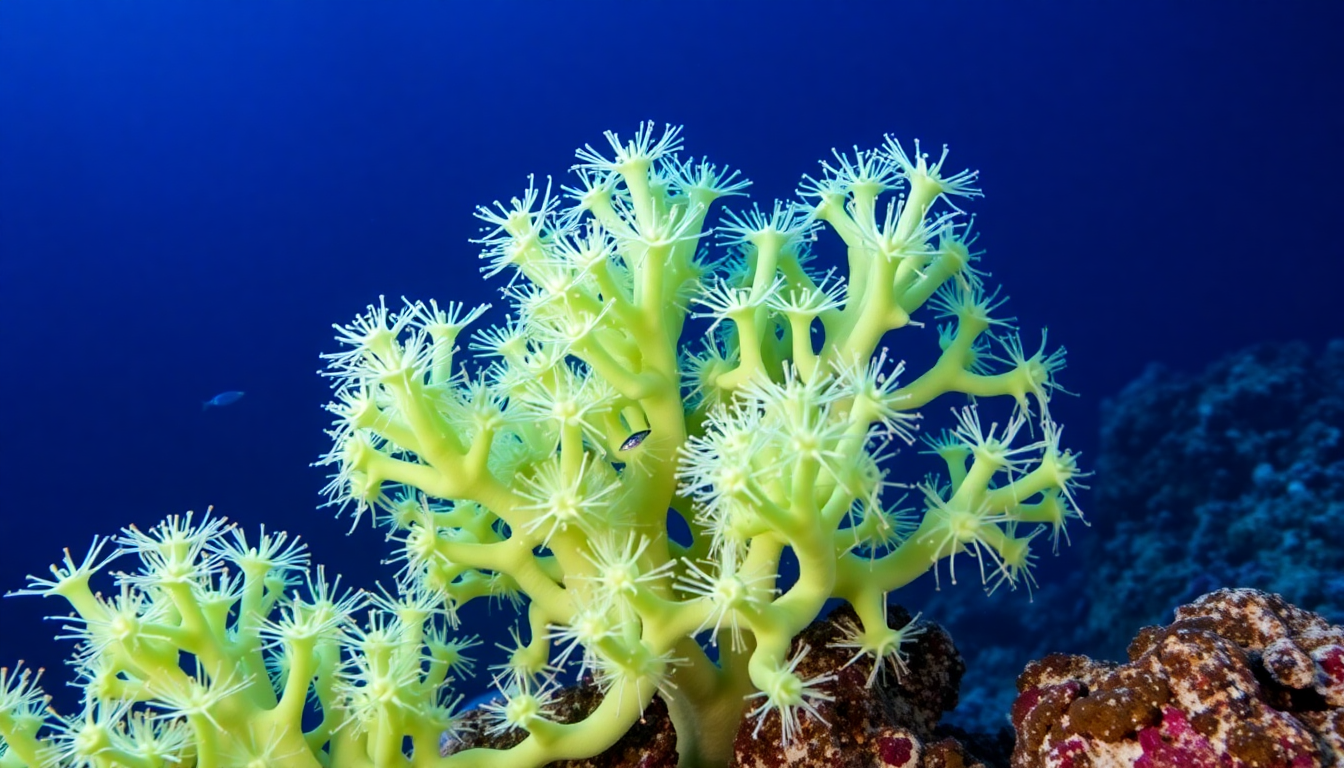 Neon yellow Galaxea fascicularis coral with branching, tree-like arms and white-tipped polyps against a deep blue ocean backdrop.