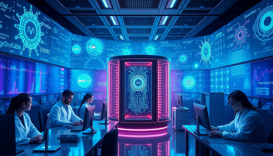 Laboratory with scientists in white coats at computers around a pink-lit quantum computer capsule in a blue control room.